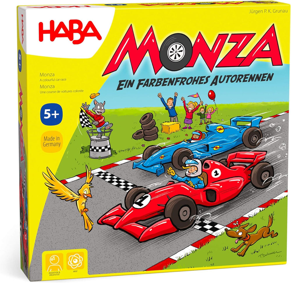 HABA Monza - Fast Board Game and Car Racing Game for Kids 5+ - With 6 Colorful Wooden Cars and Colorful Dice - 2012226001