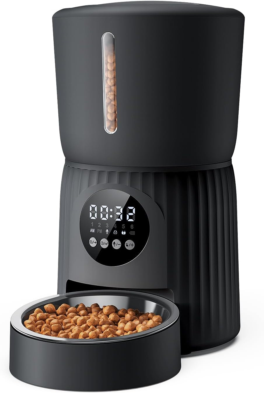 Faroro Futterautomat Katze, 4L Katzenfutter Automat, Futterspender Katze Mit 1–6 Mahlzeiten Per Tag, Portionskontrolle, 10s Sprache, Langsames Füttern (Schwarz)