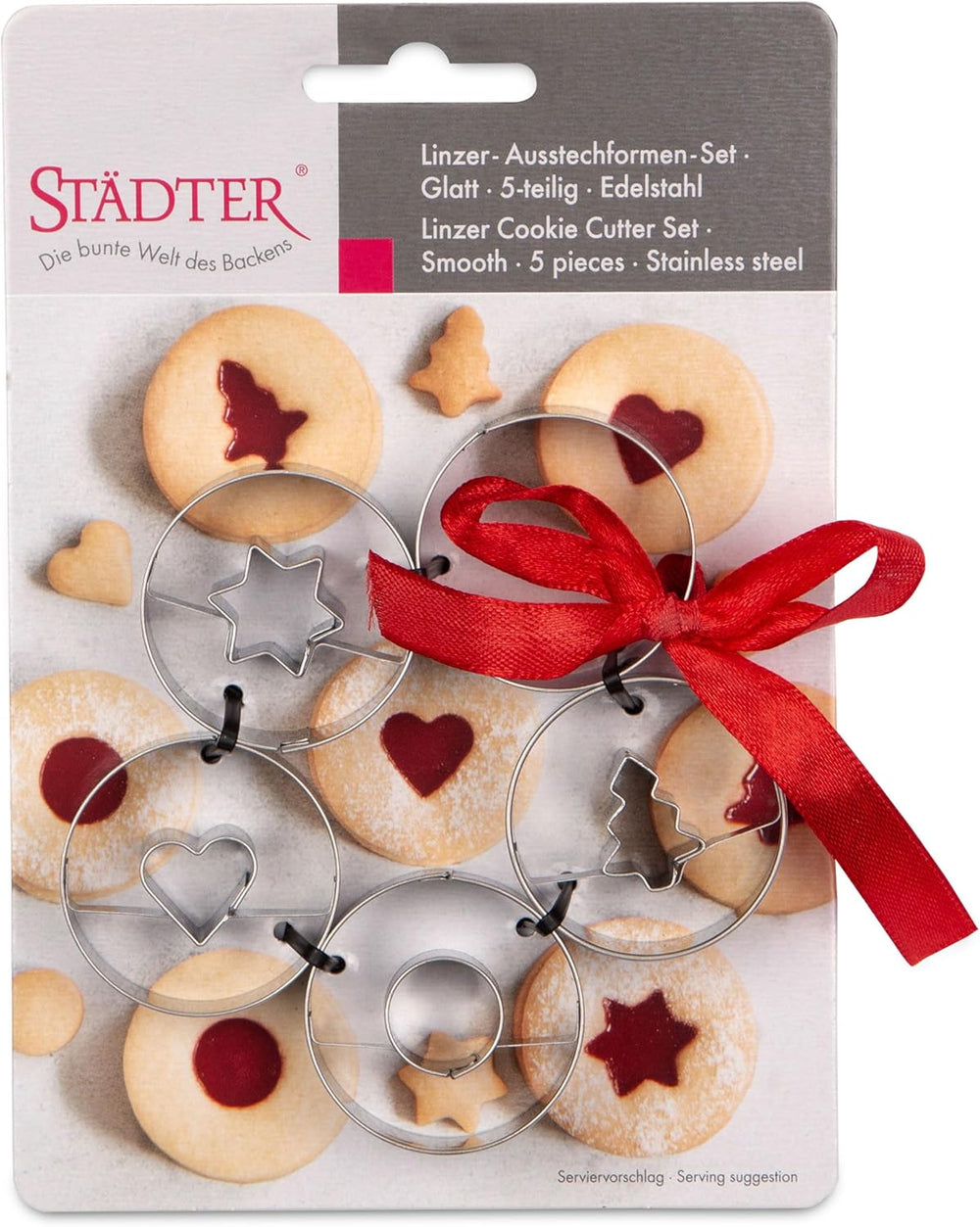 Set de 5 forme de biscuiți Städter Linzer, design Spitzbub, din oțel inoxidabil - diametru 4 cm - înălțime 1,5 cm - potrivite pentru copt sau meșteșuguri, 954199, argintiu