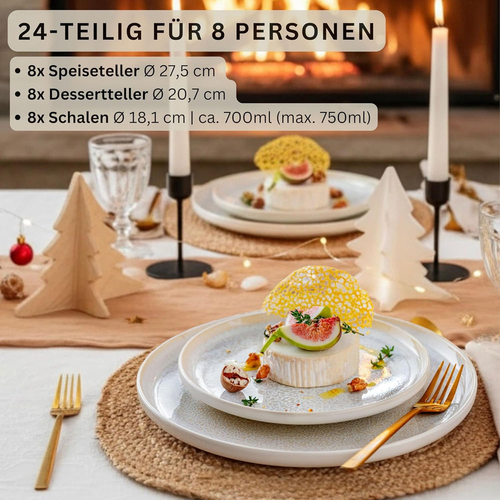 SÄNGER | Set de veselă Corfu cu 24 de piese, serviciu de cină pentru 8 persoane, ceramică lucrată manual, set de farfurii care include farfurii de cină, farfurii de desert și farfurii de sumă, veselă de culoare crem cu textură nisipoasă