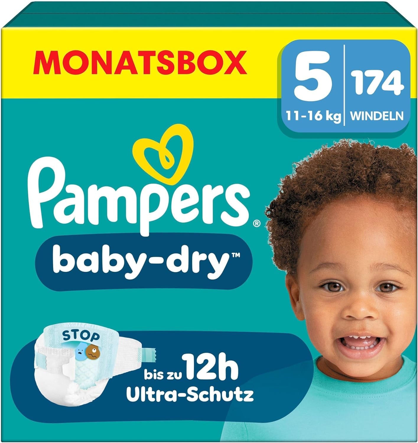 Pampers Baby-Dry Diapers Size 5, 174 Diapers, 11kg - 16kg, Up to 100% Leakage Protection and All Night Comfort