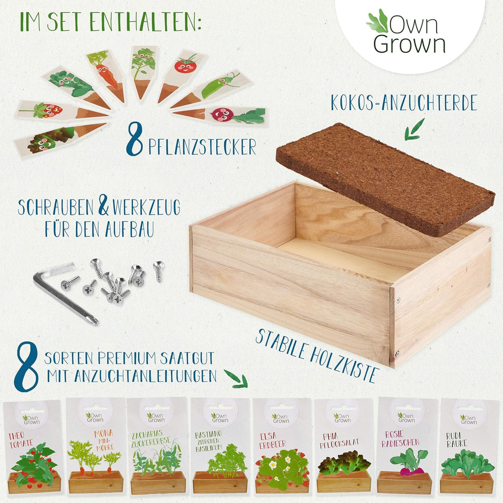 Seed Growing Kit with Wooden Box and 8 Varieties of Plant Seeds: Vegetable, Strawberry and Herb Seed Growing Kit for Kids - Mini Greenhouse and Mini Garden Starter Kit by OwnGrown