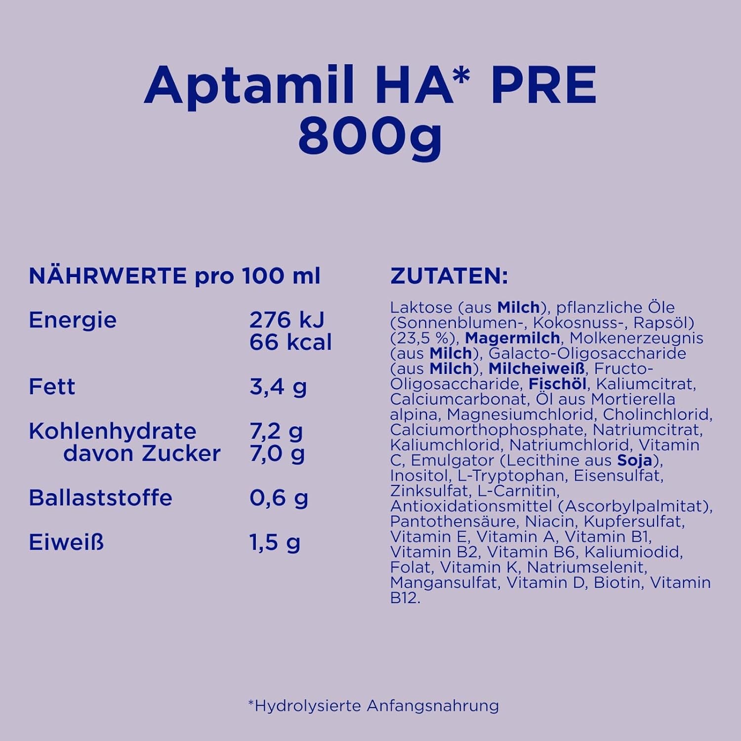 Aptamil HA PRE – Anfangsmilch von Geburt an, Mit DHA, Nur Lactose, Ohne Palmöl, Babynahrung, Milchpulver, 1x 800 g