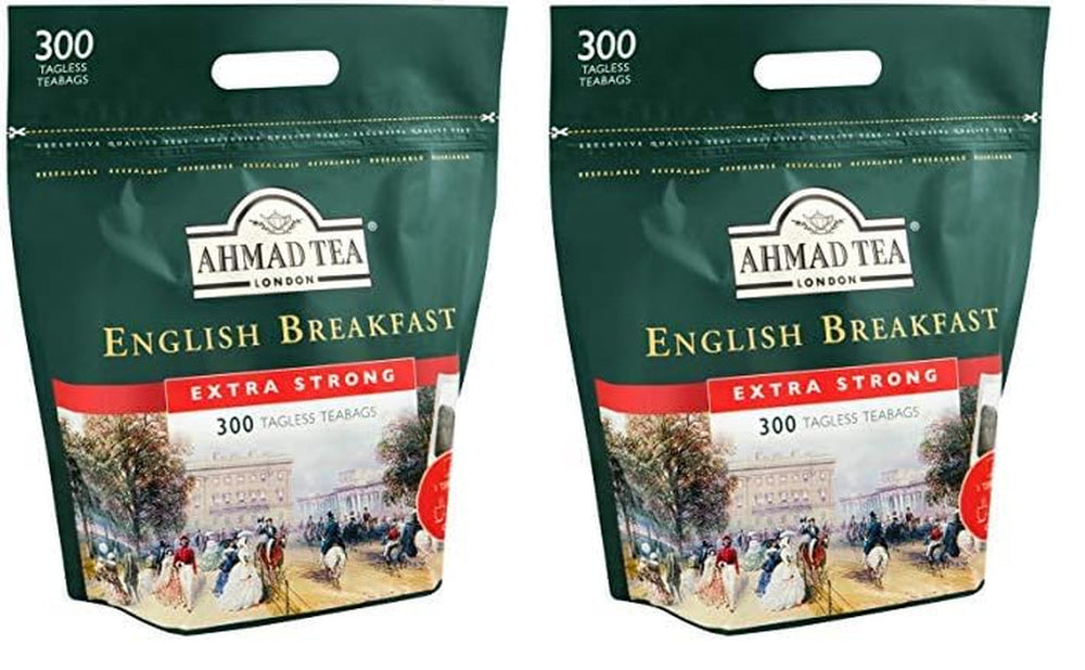 Ahmad Tea - English Breakfast - Ceai negru pentru micul dejun - Ceai Assam &amp; Ceylon - Pliculețe de ceai englezesc fără bandă, cu 2 g de ceai per porție - Pachet mare cu 300 de pliculețe de ceai (pachet cu 2)