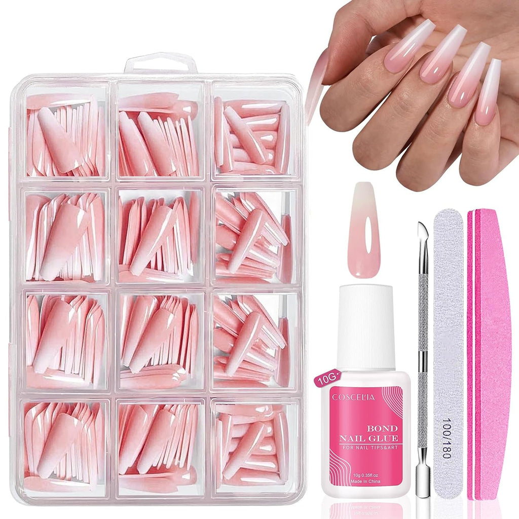 Set de unghii false - 240 de bucăți, unghii false franțuzești, pentru lipit - Design gradient alb roz, unghii artificiale, acoperire completă, gel moale, naturale și confortabile la purtare (migdală roz)
