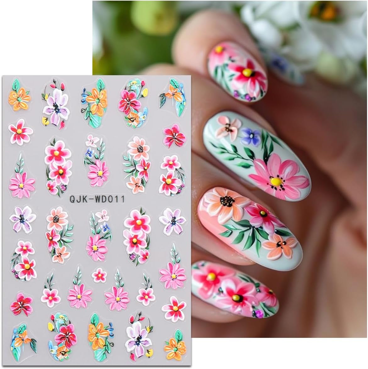 JMEOWIO Nagelsticker Blumen 6 Blatt Nail Art Sticker Selbstklebend Nagelaufkleber Sommer Blumen Dekoration Nageldesign Zubehör