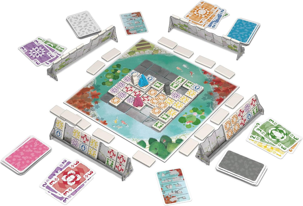 Zoch Ananda - A strategic board game with meditative influences, temple building using tactics, monks meditating in colored areas, collecting karma points, family game for ages 10 and up.