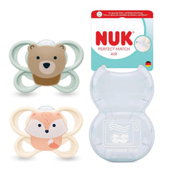 Suzete NUK Perfect Match Air pentru bebeluși | 0-6 luni | Suzete ortodontice care promovează circulația aerului și previn erupțiile salivare | Acceptare 95% de către bebeluși** | Vulpe/Ursuleț | Pachet de 2