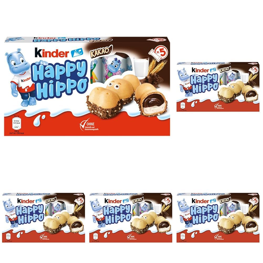 Kinder Happy Hippo Hazelnut - Specialty Crunchy Wafers with Milk and Hazelnut Cream - Carnival and Mardi Gras Sweets - 1 pack containing 5 individual bars of 20.7g each