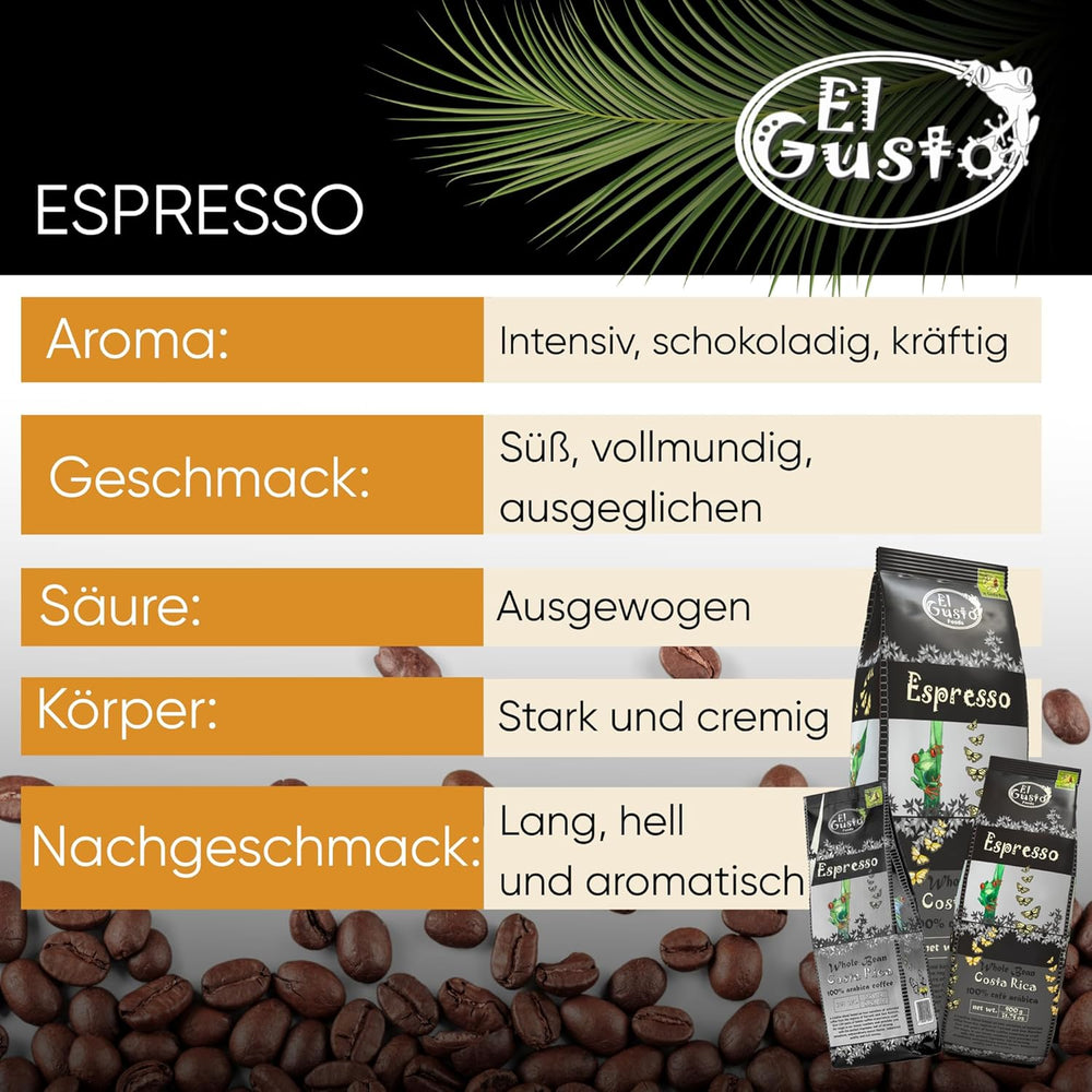 El Gusto Espresso Kaffee aus ganzen Bohnen aus Costa Rica, dunkel geröstet, kreative Mischung, 100% Arabica, frischer Gourmet-Kaffee 3er Pack