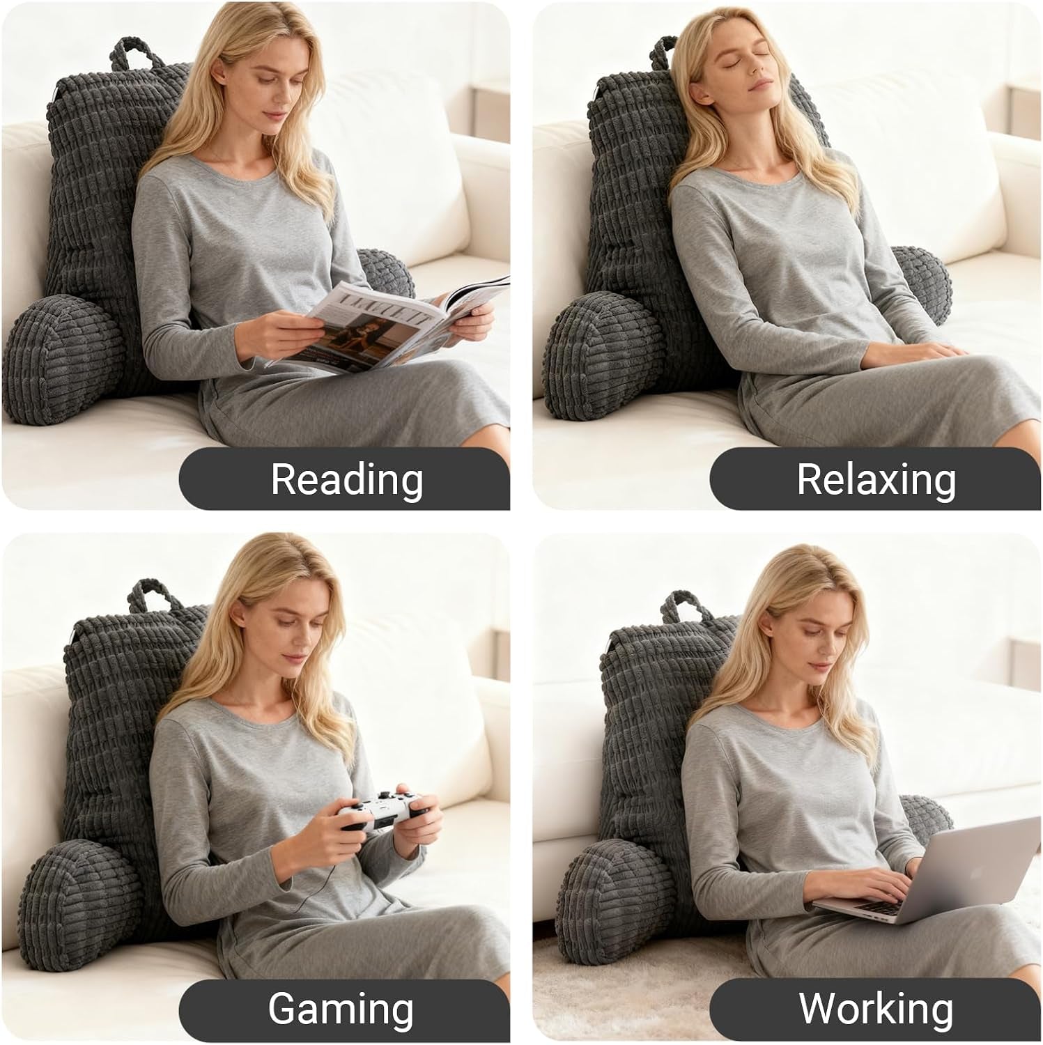 Pernă de citit pentru pat și canapea, pernă de citit cu suport pentru încheietura mâinii, cotiere și suport pentru spate, pernă de spate pentru pat pentru odihnă, relaxare, citit, lucrul la laptop, vizionarea televizorului (gri închis)