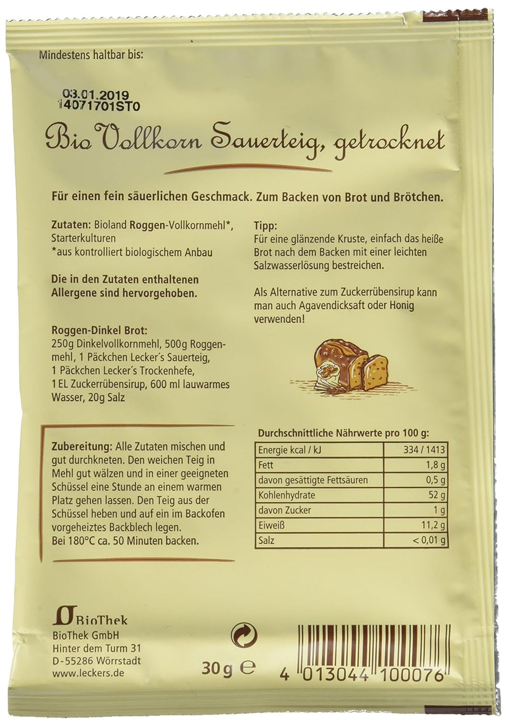 Lecker'S Bio Vollkorn Sauerteig (10 X 30 G) Mixture for baking and cooking Naty Shop