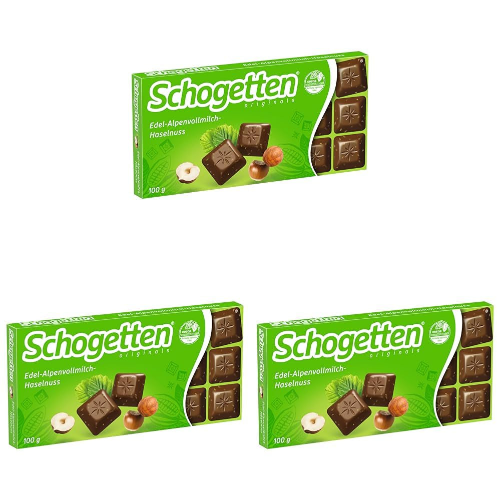 Schogetten Premium Alpine Milk Chocolate with Hazelnuts, 100g chocolate bar, individually portioned. A delight. Piece by piece.