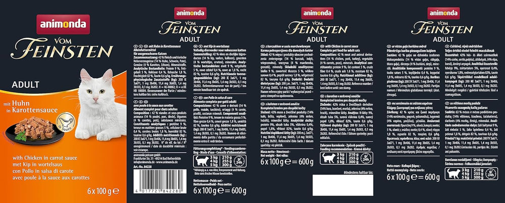 Animonda vom Feinsten hrană umedă pentru pisici cu pui în sos de morcovi (6 x 100g), hrană umedă pentru pisici fără cereale, fără zahăr, cu ingrediente proaspete și cărnoase