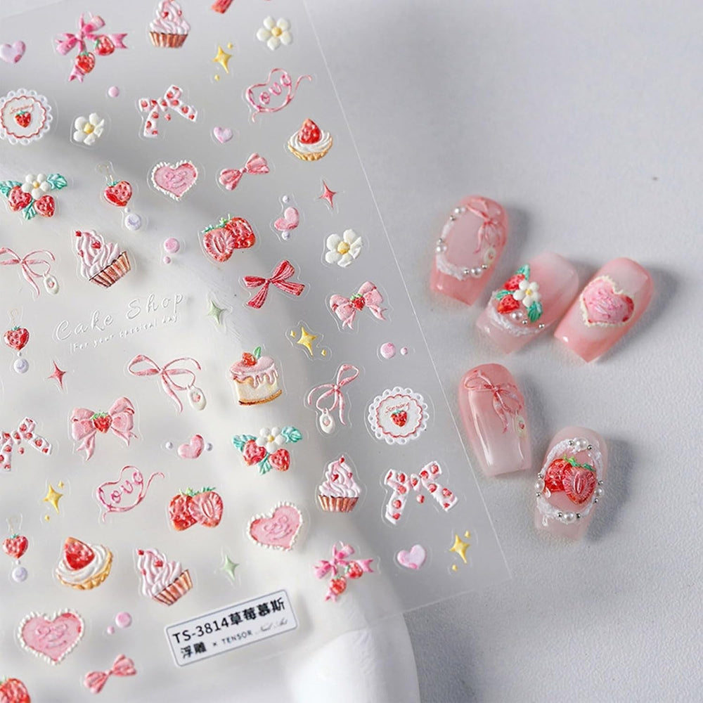 JMEOWIO 3D Nagelsticker Rosa Nail Art Sticker Selbstklebend Nagelaufkleber 5D Stereoskopisch Kuchen Erdbeerschleife Dekoration Nageldesign Zubehör 1 Blatt