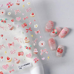 JMEOWIO 3D Nagelsticker Rosa Nail Art Sticker Selbstklebend Nagelaufkleber 5D Stereoskopisch Kuchen Erdbeerschleife Dekoration Nageldesign Zubehör 1 Blatt