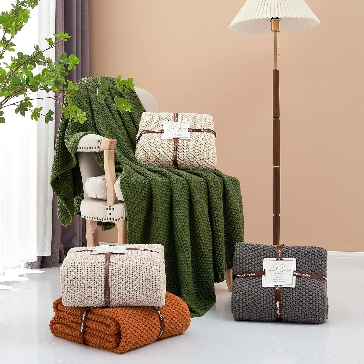 Chunky knit throw blanket, Lightweight, Beige, 100% organic cotton, Blanket for sofa, sofa, bed, child, children's room, Rustic, Shabby chic, Modern farmhouse, 152.4 X 203.2 cm, Including laundry bag Beds and Blankets Longhui bedding Gray 51"X63"