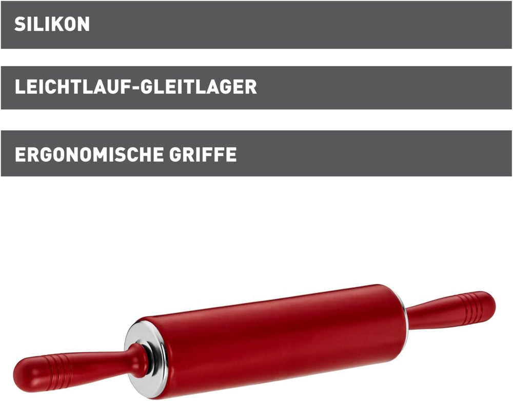 Original Kaiser Original Kaiserflex Red Teigroller Silikon 49 x 6.5 cm, Nudelholz Silikon mit Metallkern, ergonomische Griffe, hitzebeständig bis 200°C, rot