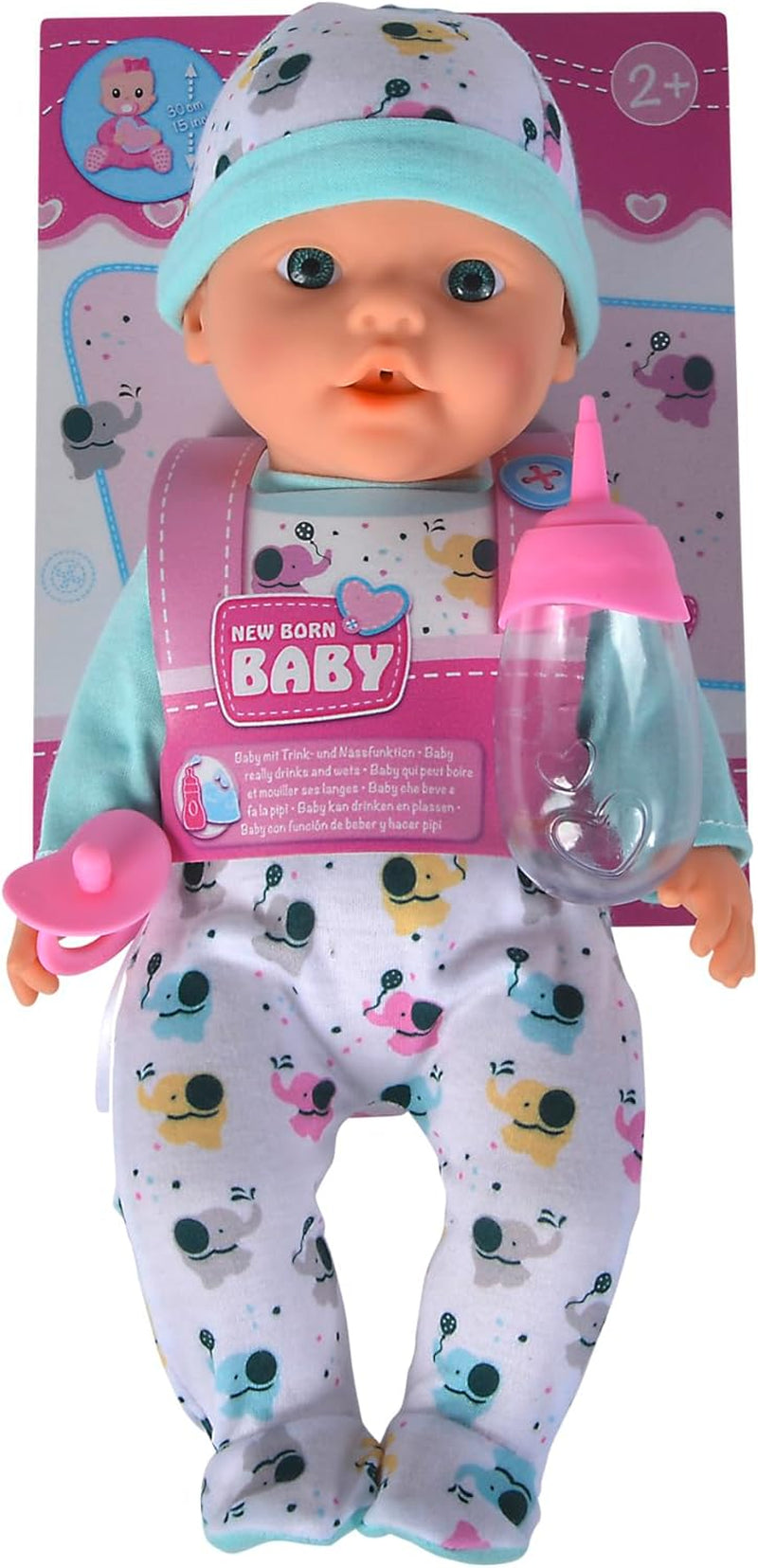 New Born Baby Little Elephant, păpușă din vinil cu funcție de băut și hrănit, biberon și suzetă, 30 cm, de la 2 ani Papusi Naty Shop