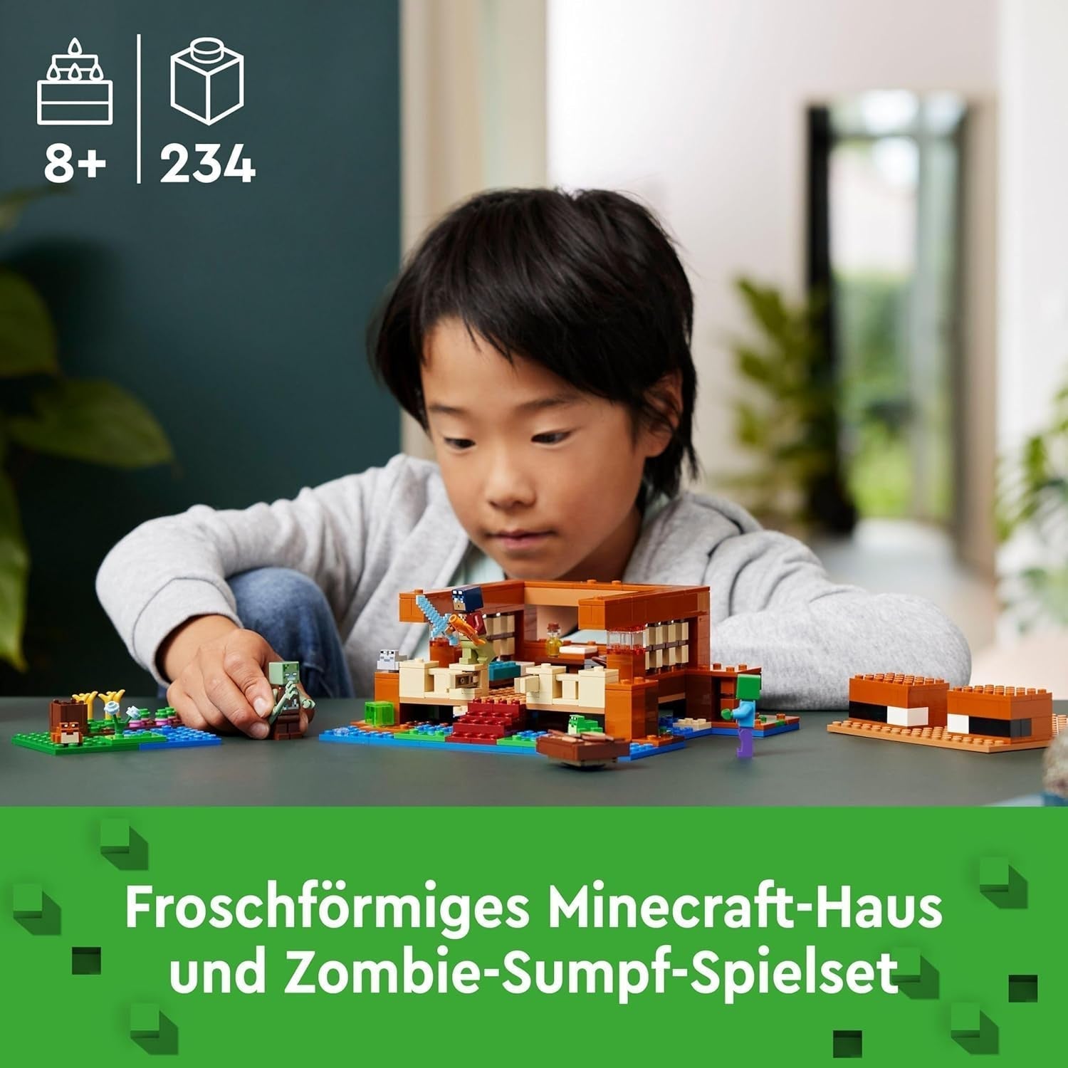 LEGO Minecraft The Frog House, toy house with figures including zombie, slime and drowning man, plus accessories such as toy boat and workbench, gift for boys and girls from 8 years old 21256 Building sets Besuche den LEGO-Store