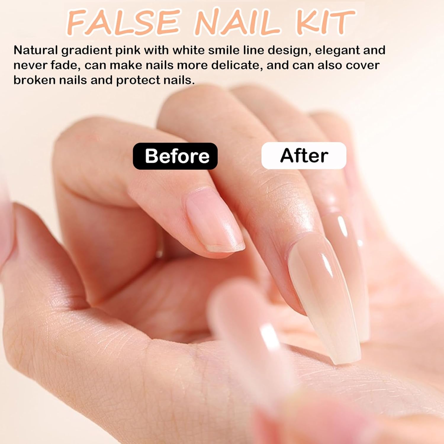 Set unghii false - 240 bucăți unghii scurte și pătrate, model gel moale, gradient alb nud, unghii false artificiale naturale pentru lipire, pentru femei DIY (gradient nud, 240X)