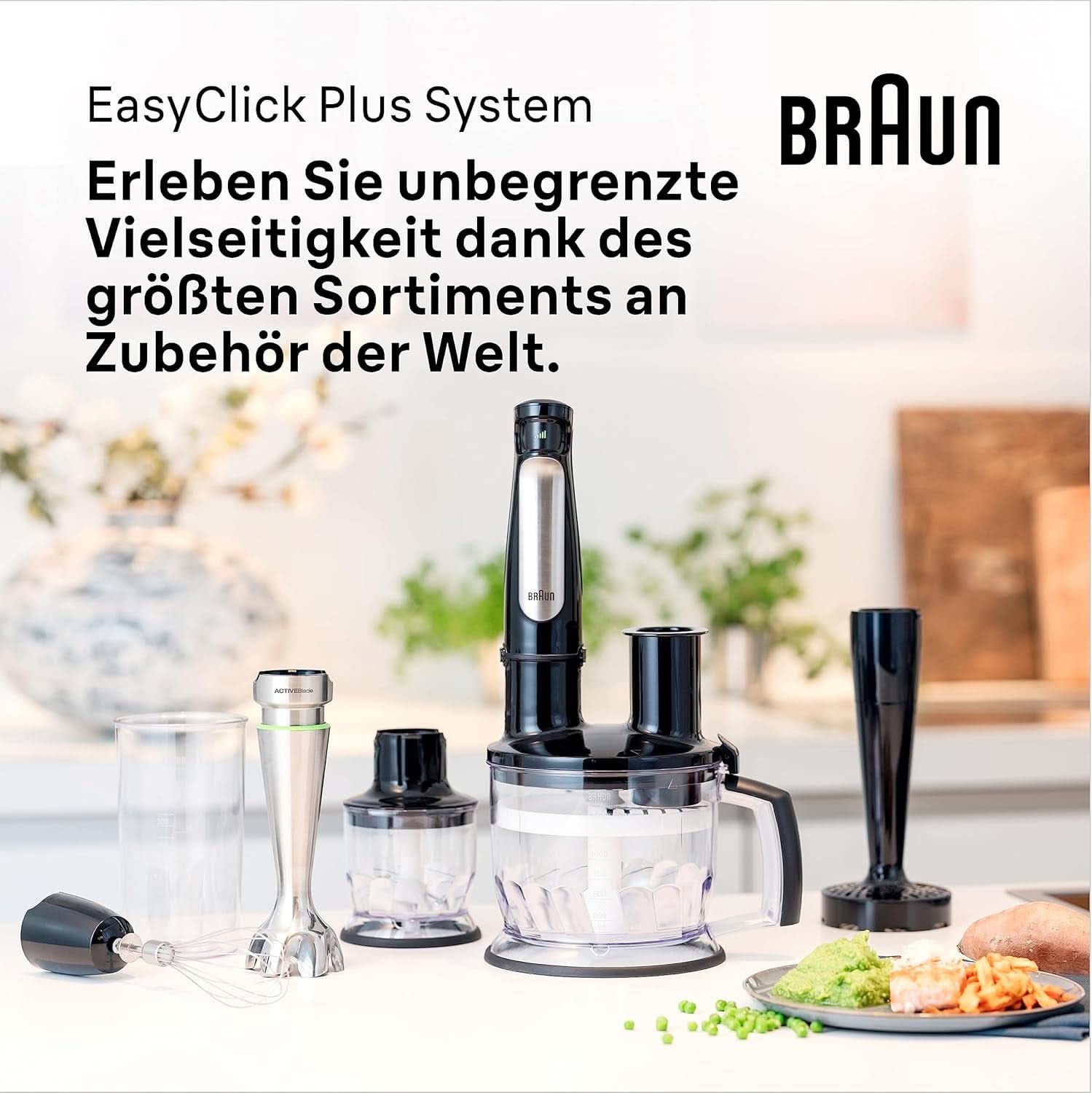 Braun Multiquick 7 MQ 7035X Stabmixer - Pürierstab Mit Abnehmbarem Edelstahl Mixfuß Mit Activeblade Technologie Zum Pürieren Der Härtesten Ingredient, Inkl. 3-Teiliges Zubehör Set, 1000 Watt, Schwarz Kitchen Naty Shop