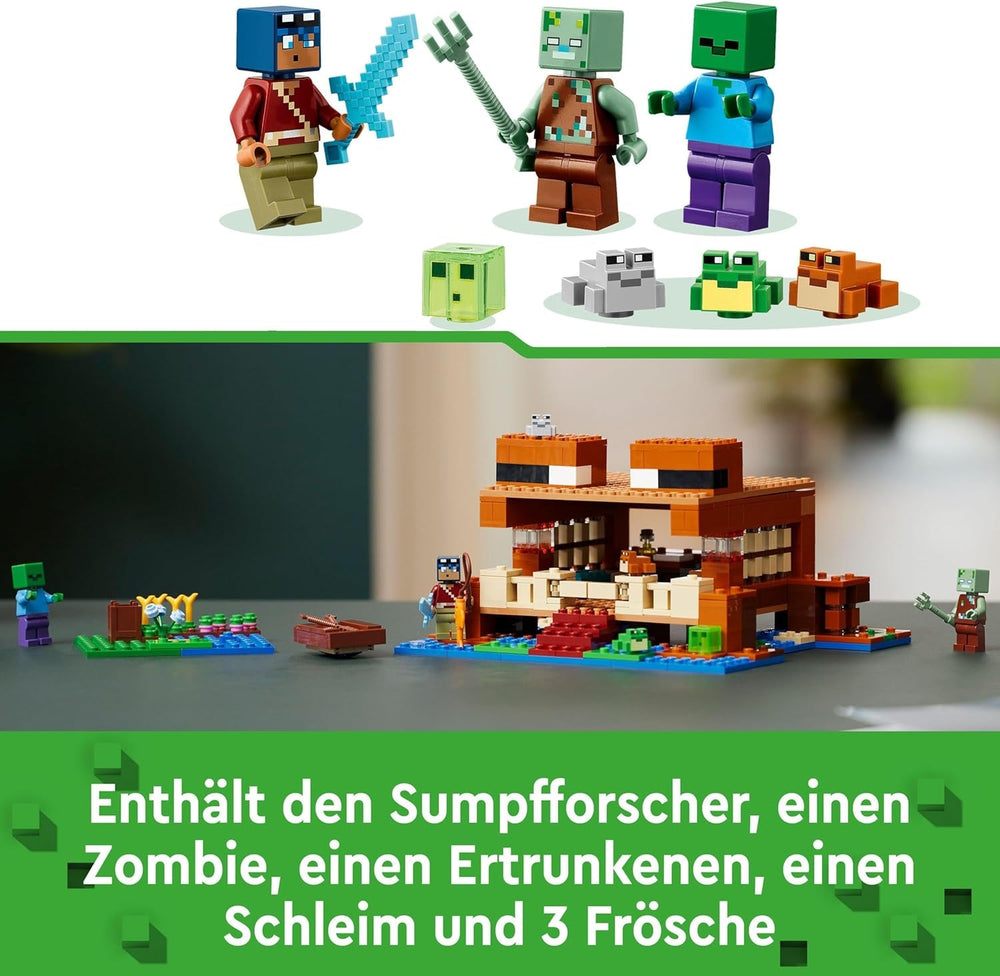 LEGO Minecraft The Frog House, toy house with figures including zombie, slime and drowning man, plus accessories such as toy boat and workbench, gift for boys and girls from 8 years old 21256 Building sets Besuche den LEGO-Store