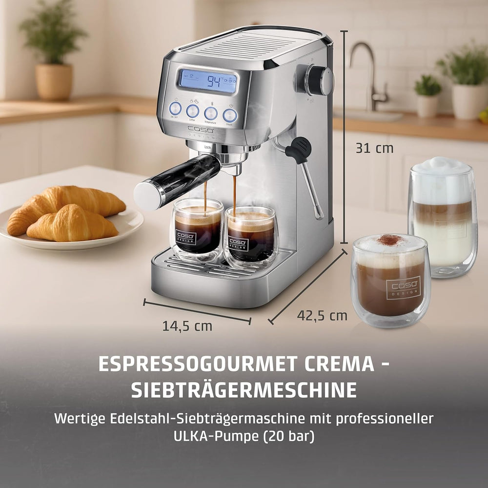 CASO EspressoGourmet Crema - Espressor portafiltru cu spumator de lapte, espresso, cappuccino, portafiltru din oțel inoxidabil, pompă ULKA 20 bar, aparat de cafea, cafea măcinată, capsule ESE