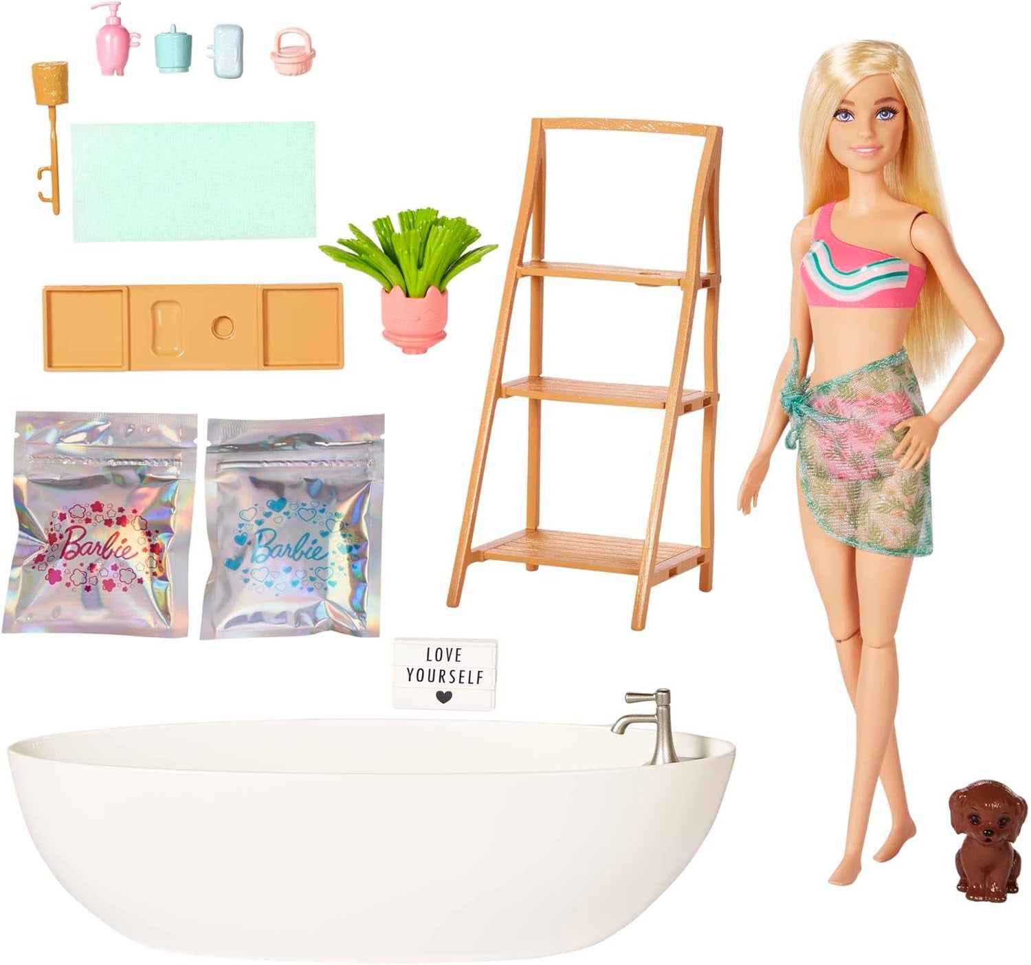 Barbie Self-Care Series, Confetti Bath, păpușă Barbie cu păr blond, costum de baie, cățeluș, 2 pachete de săpun Confetti, accesorii Barbie, 1X păpușă Barbie inclusă, potrivită ca un cadou, Hkt92 Papusi Naty Shop