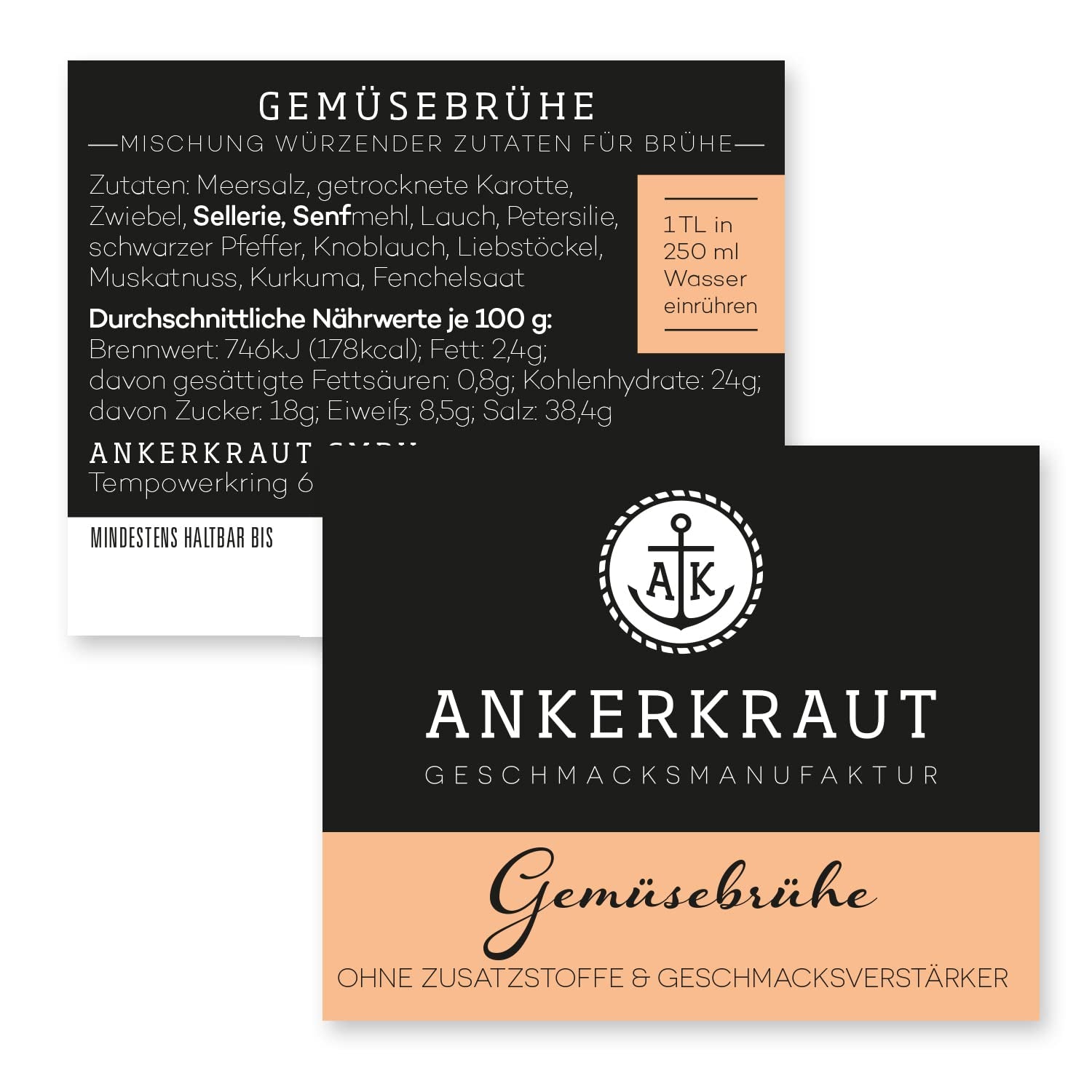 Ankerkraut Gemüsebrühe, ohne Gemsckverstärker, ohne Zucker, 90g in cork glass, Mischung würzender Ingredient für Brühe