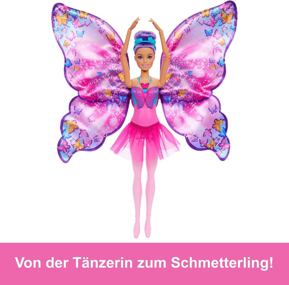 Păpușă Barbie Dansatoare și Fluture cu transformare 2 în 1 din Dansatoare în Fluture cu Aripi care se Deschid, Păr Mov, Accesorii de Păr și Tutu Detașabil, HXJ10