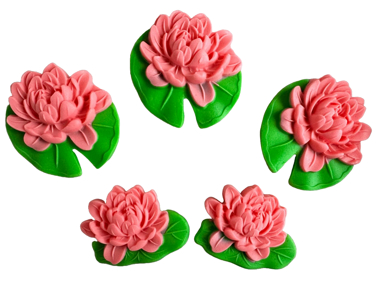 Set of 5 edible sugar paste decorations, pink water lilies Sugar Paste Decorations Naty Shop