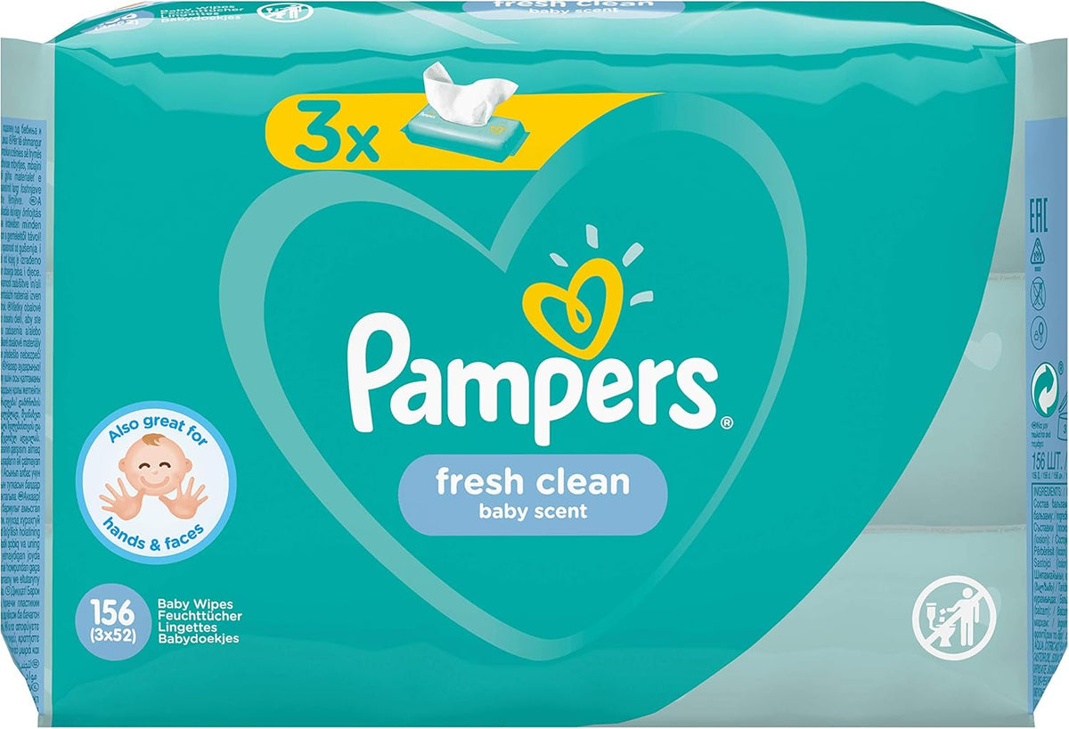 Pampers Fresh Clean Baby Wipes 81688041, 3x52 Pieces, (Baby Wipes, Plastic Bag, Girl/Boy, Turquoise, White, Germany, 896.7g)
