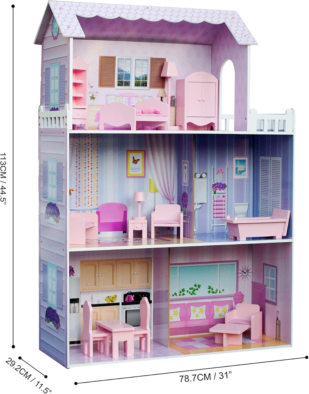 Olivia's Small World Giant Dollhouse, Large Wooden Dollhouse with Furniture and Accessories, 3-Story Dollhouse for Kids, Dollhouse for 12" Dolls, 3 Years + Naty Shop Dollhouses