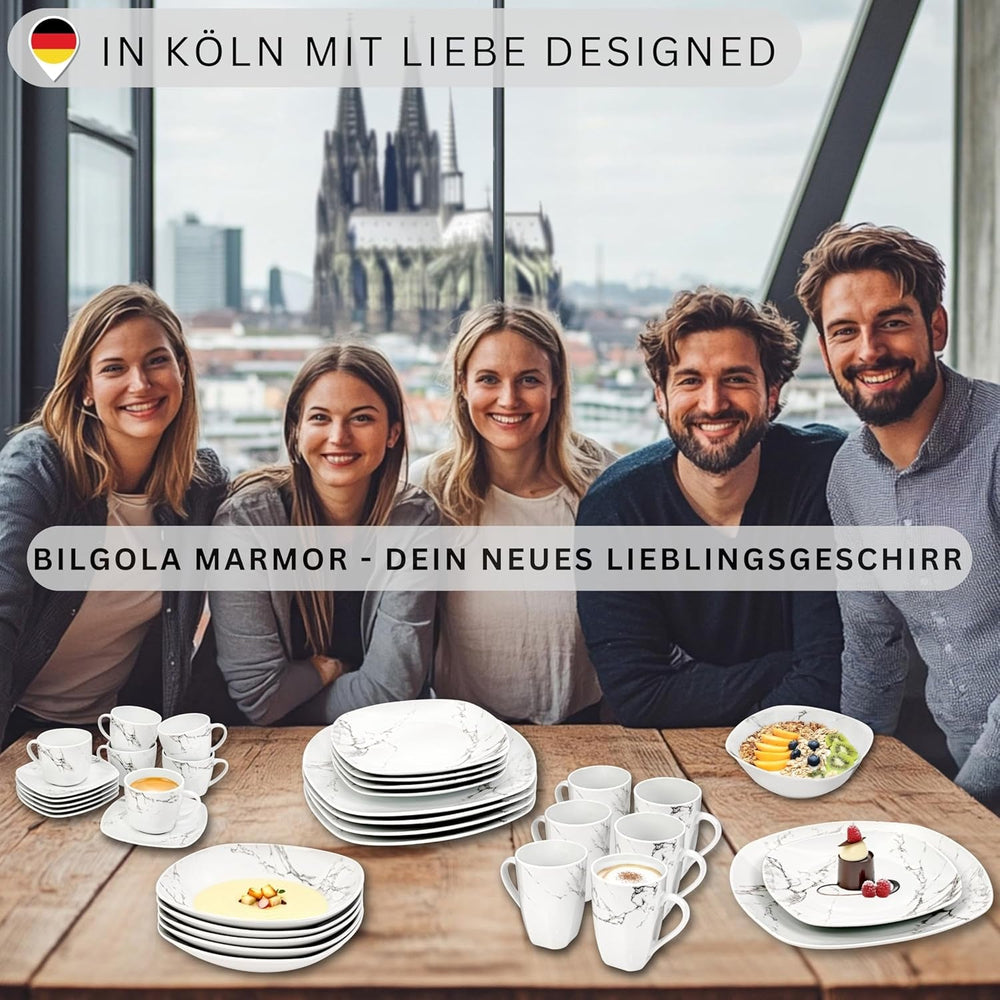 SÄNGER | Set de veselă combinat Bilgola din marmură, set de veselă cu 36 de piese pentru 6 persoane, cu farfurii de cină, farfurii de desert, farfurii de sumă, boluri pentru cereale, farfurii de cafea și farfurioare din porțelan, pătrat | COLECȚIA PREMIUM