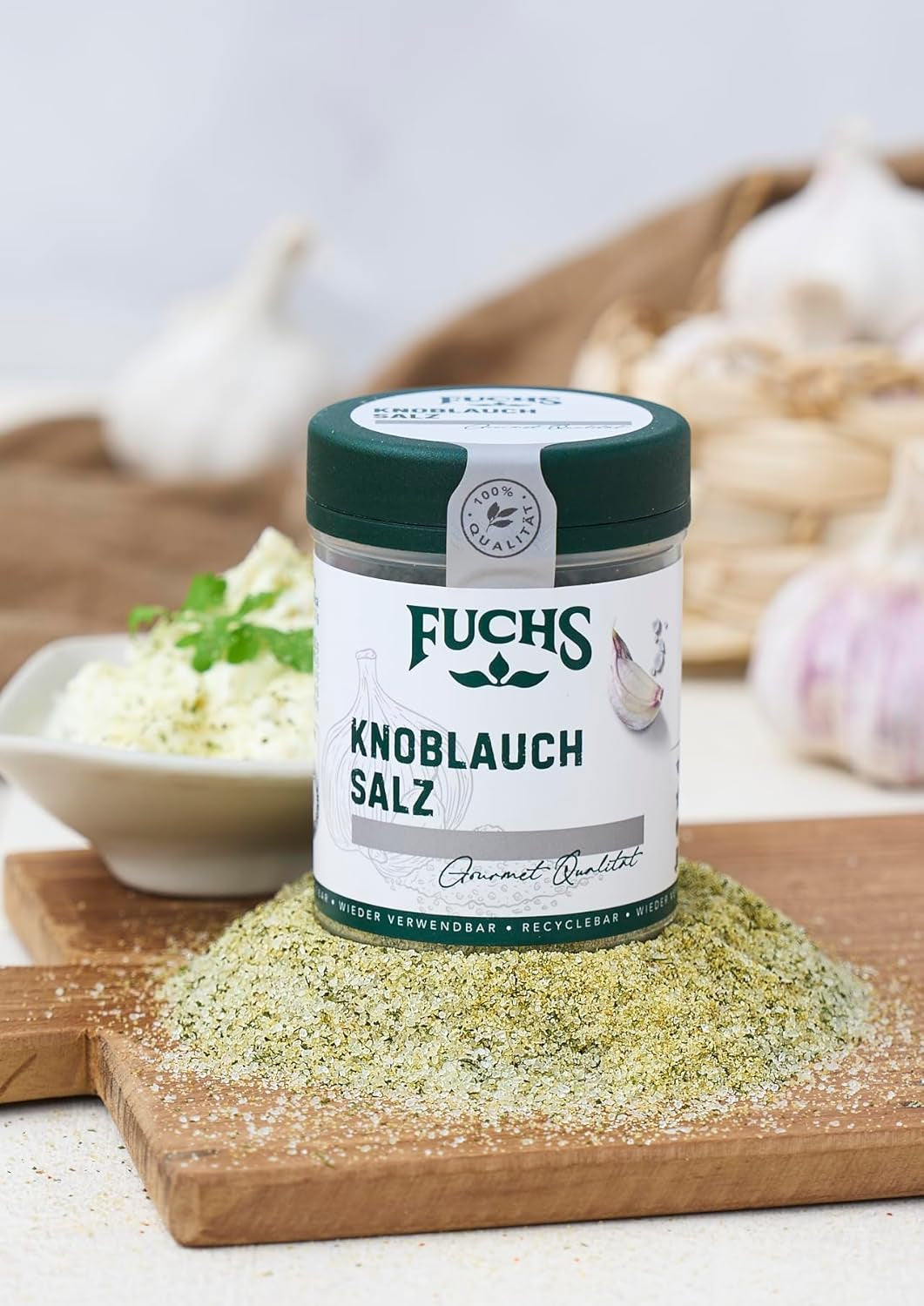 Fuchs Gewürze - Knoblauchsalz - Gewürzsalz für Dips, Saucen und Gemüse - natural ingredients - 90 g in wiederverwendbarer, recyclebarer Dose