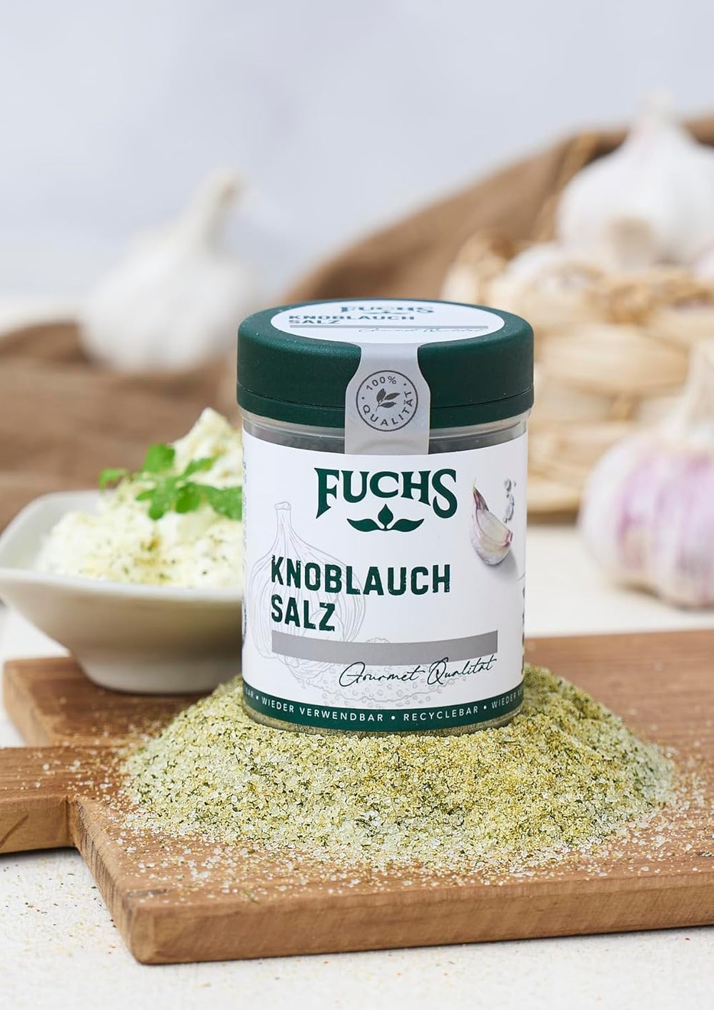 Fuchs Gewürze - Knoblauchsalz - Gewürzsalz für Dips, Saucen und Gemüse - natural ingredients - 90 g in wiederverwendbarer, recyclebarer Dose