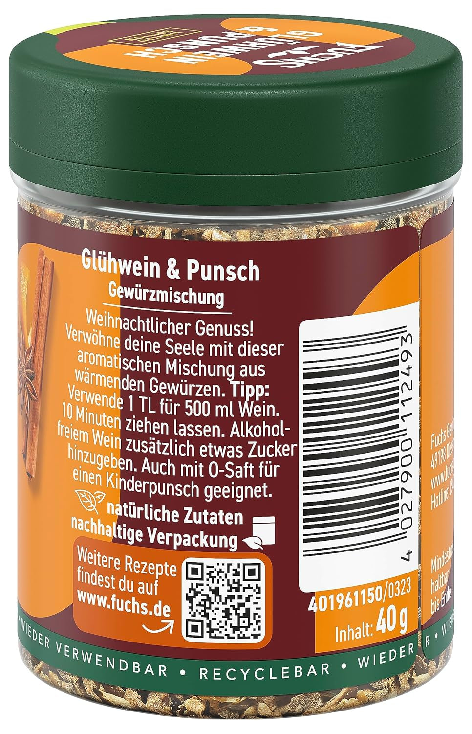 Fuchs Gewürze - Glühwein und Punsch Gewürz - weihnachtliche Gewürzmischung für Wein und Punsch - aus natürliche Ingredient - 40 g in wiederverwendbarer, recyclebarer Dose