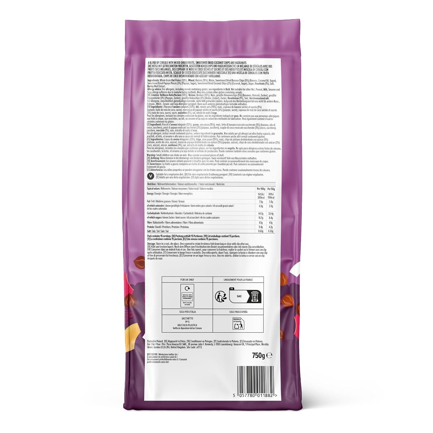 Muesli cu fructe și nuci de la Amazon, 750g