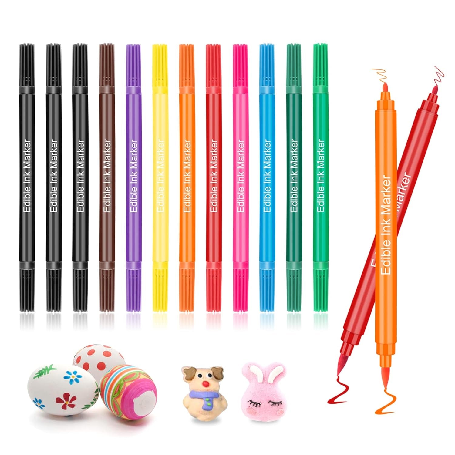 12 bucăți de pixuri colorante alimentare, pixuri colorante alimentare pentru copt, markere alimentare cu vârf fin și gros, pix comestibil pentru prăjituri, fondant, fursecuri, ouă de Paște, macaroane