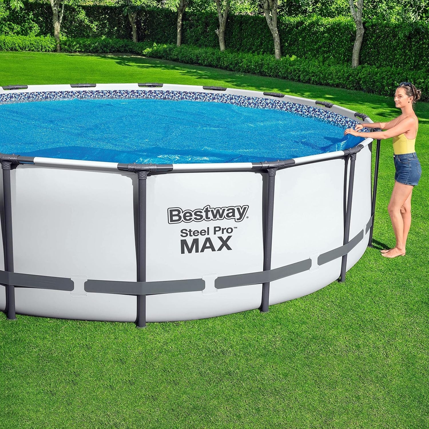 Prelată solară pentru piscină Bestway Flowclear, Ø 356 cm, pentru piscine rotunde supraterane de 366 cm și 396 cm, albastră, 58242
