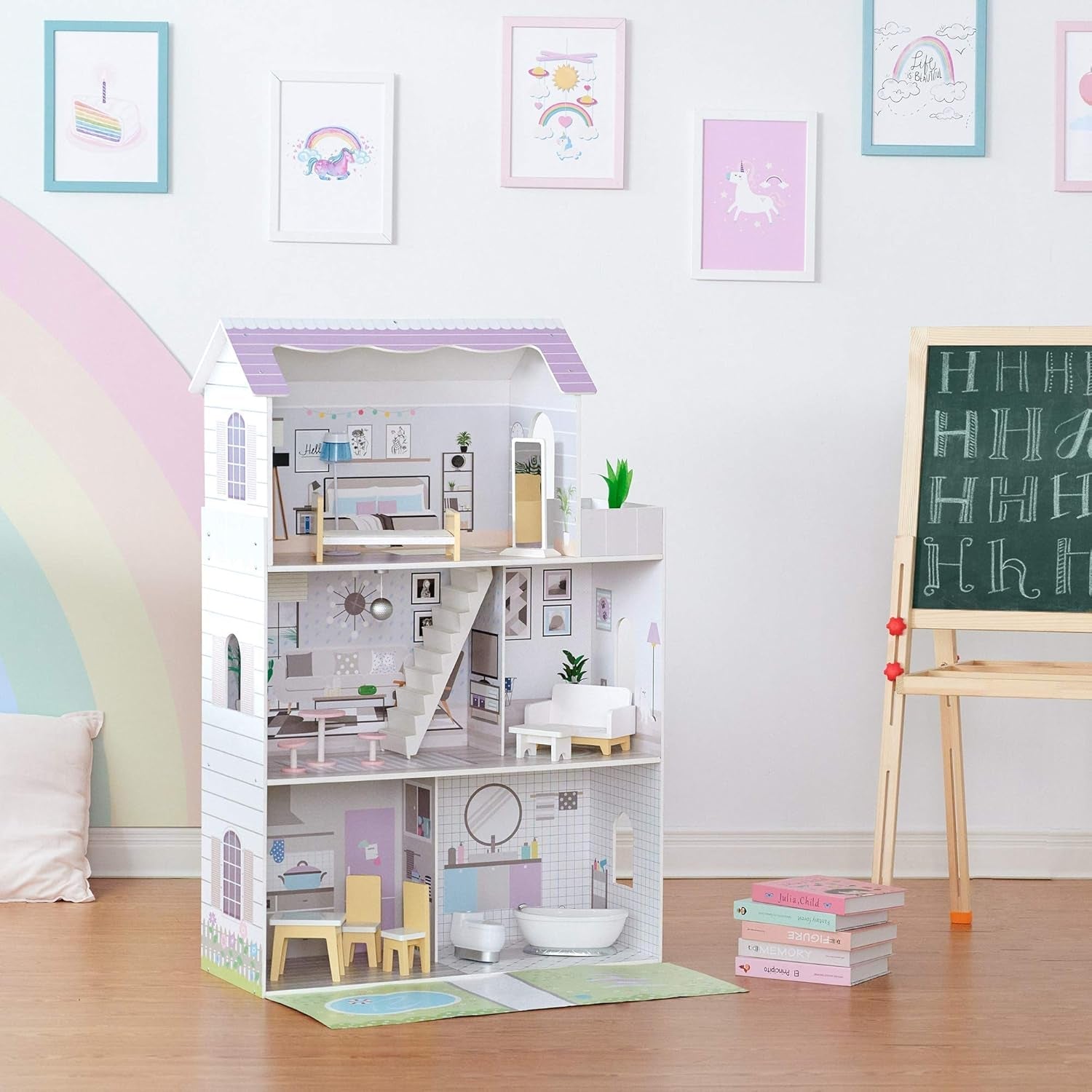 Teamson Kids Olivias Little World Giant Doll House with 16 Doll Accessories, Wooden Dollhouse with Furniture, 3-Story, Children's Doll House for 12 Inch/30cm Dolls, Age 3 Years+ Naty Shop Doll Houses