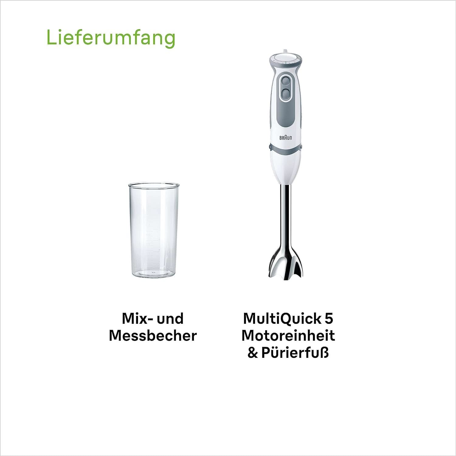 Braun Stabmixer MQ 5200WH - Multiquick 5 Vario Pürierstab Mit Edelstahl Mixfuß, 1000 Watt, Inkl. 600 Ml Mix- & Messbecher, Weiß/Grau Bucatarie Naty Shop