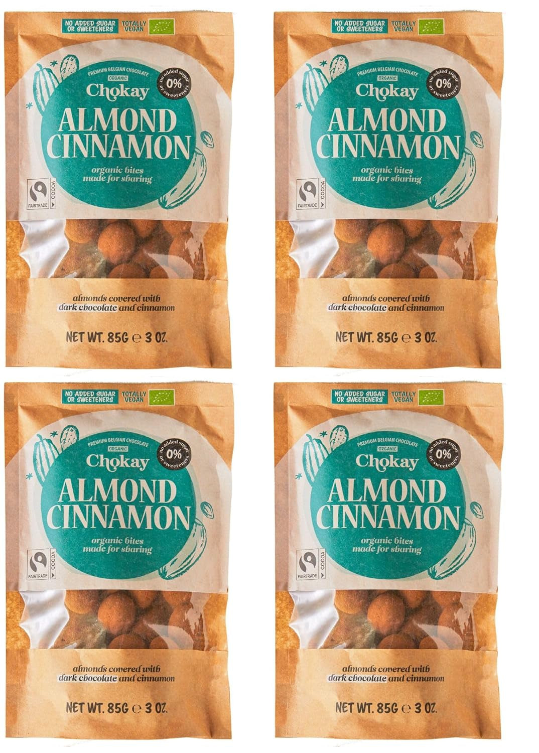 Set of 4 Organic Bites - Cinnamon Almonds/Cinnamon Almonds in Belgian Dark Chocolate/No Added Sugar, No Sweeteners/VEGAN & FAIR TRADE / 4 x 85g