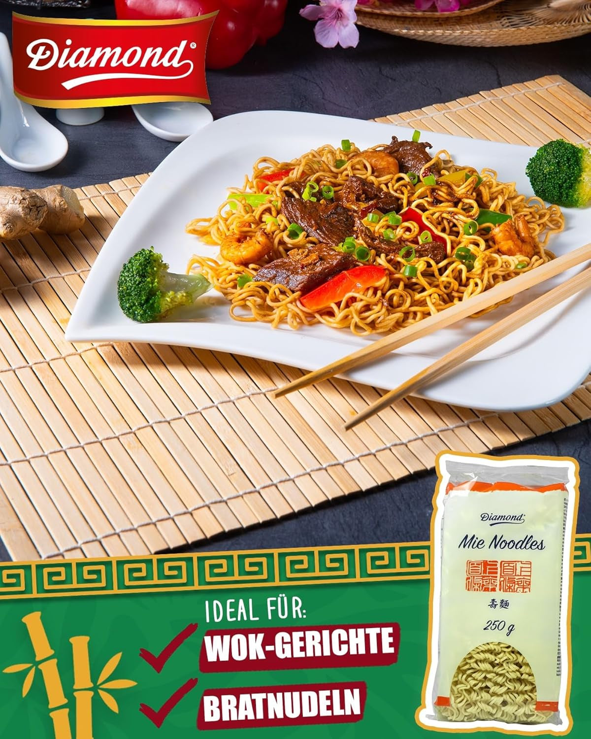 DIAMOND Mie Noodles, wheat noodles without egg, quick and easy to prepare, vegetarian - 8 x 250 g