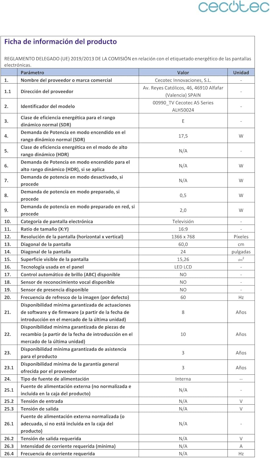Televizor inteligent Cecotec - televizor LED de 24 de inci, rezoluție HD - Seria A5 ALH50024. Televizor inteligent VIDAA, sistem audio Dolby, Wi-Fi integrat, mufă pentru căști, 3 porturi HDMI și 2 porturi USB.