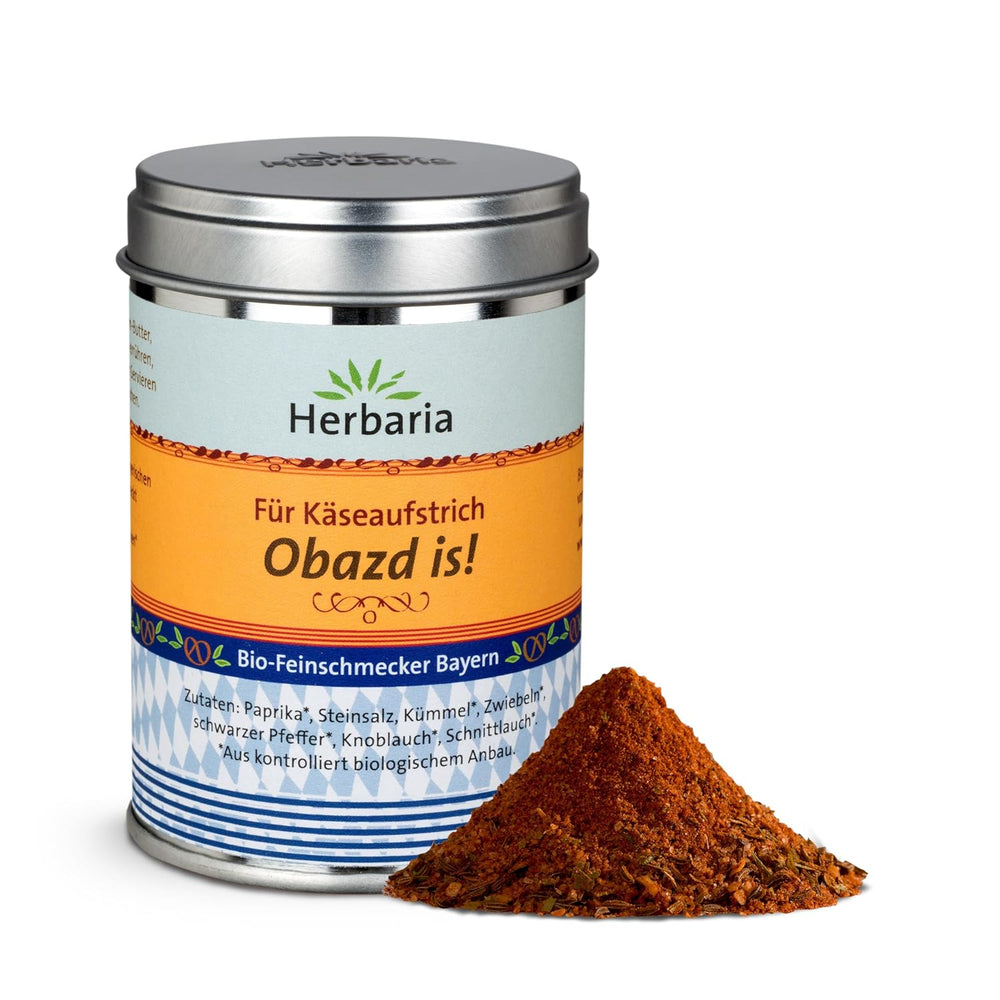 Herbaria Obazd is! bio 90g M-Dose – Bio-Gewürzmischung bayerischen Biergartenklassiker Obazda – for Brotaufstriche, Käsegerichte, Käsefondue – Raclette Gewürz - in nachhaltiger Aromaschutz-Dose