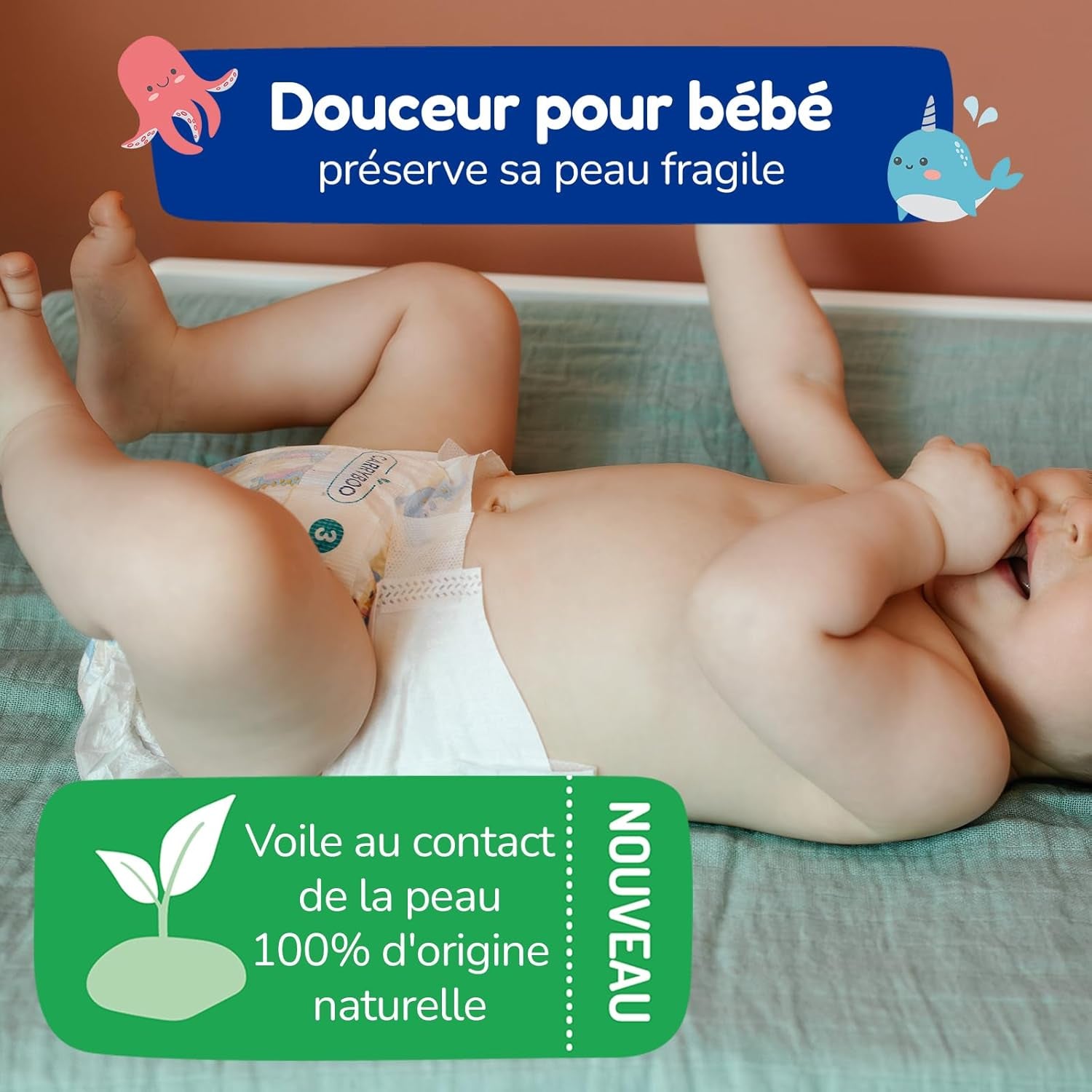 - Diaper size 4 (7 – 18 kg) – for sensitive skin – natural and very absorbent – ​​12 hour leak-proof – ohne unerwünschte Inhaltsstoffe – made in France – 132 diapers