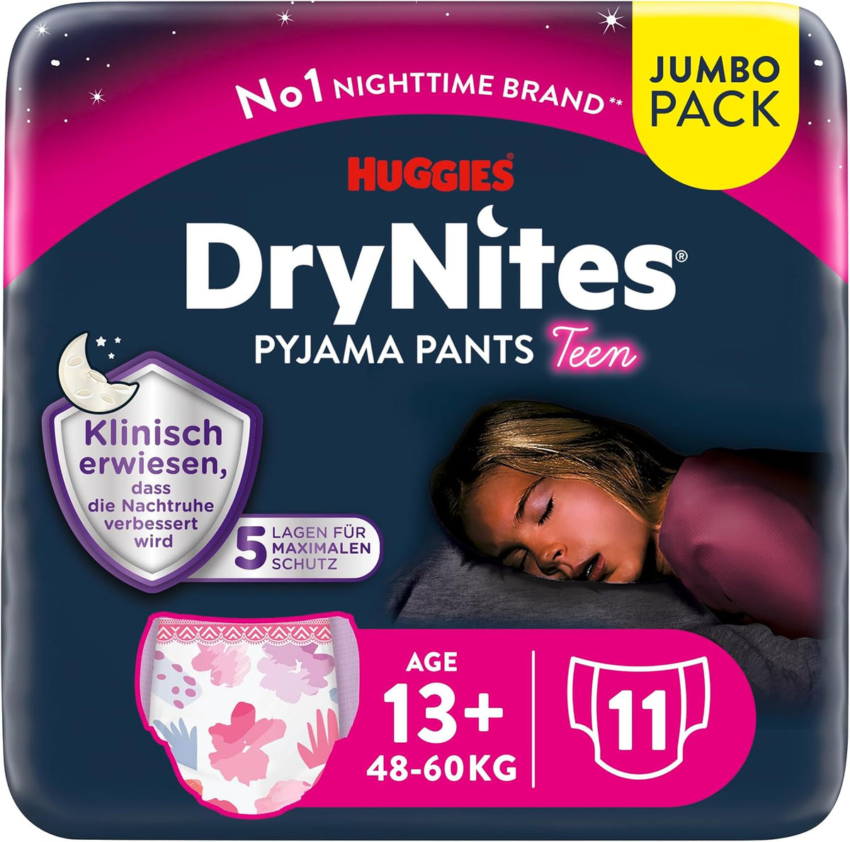 Huggies DryNites Nighttime Bedwetting Diapers for Girls 13-Approximately 17 Years (48-60kg) 33 Count (3 x 11) Jumbo Monthly Pack XL Diaper Briefs