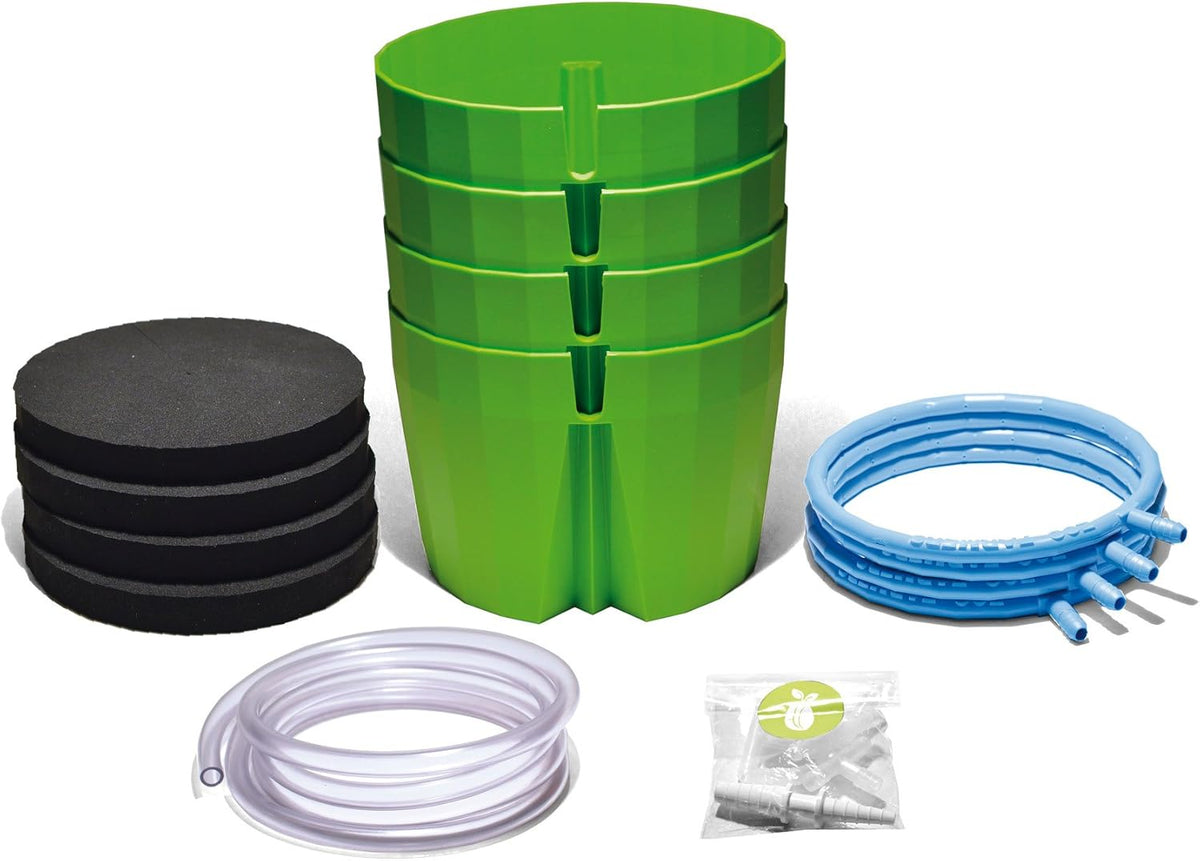 Hydro Farmer, 19-piece pot set Ø 18 cm (green), growing system including 4 pots, 4 watering rings, 4 lids, adapter set and 2 m hose, hydroponics, aeroponics